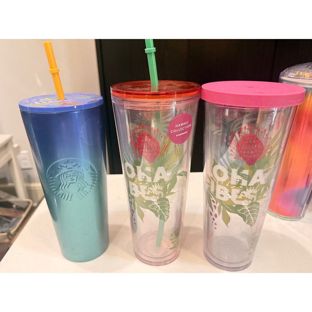 Starbucks Aloha Hawaii Tumbler Bundle 3 Pc Blue Ombre Stainless + 2 Cold Cups‎